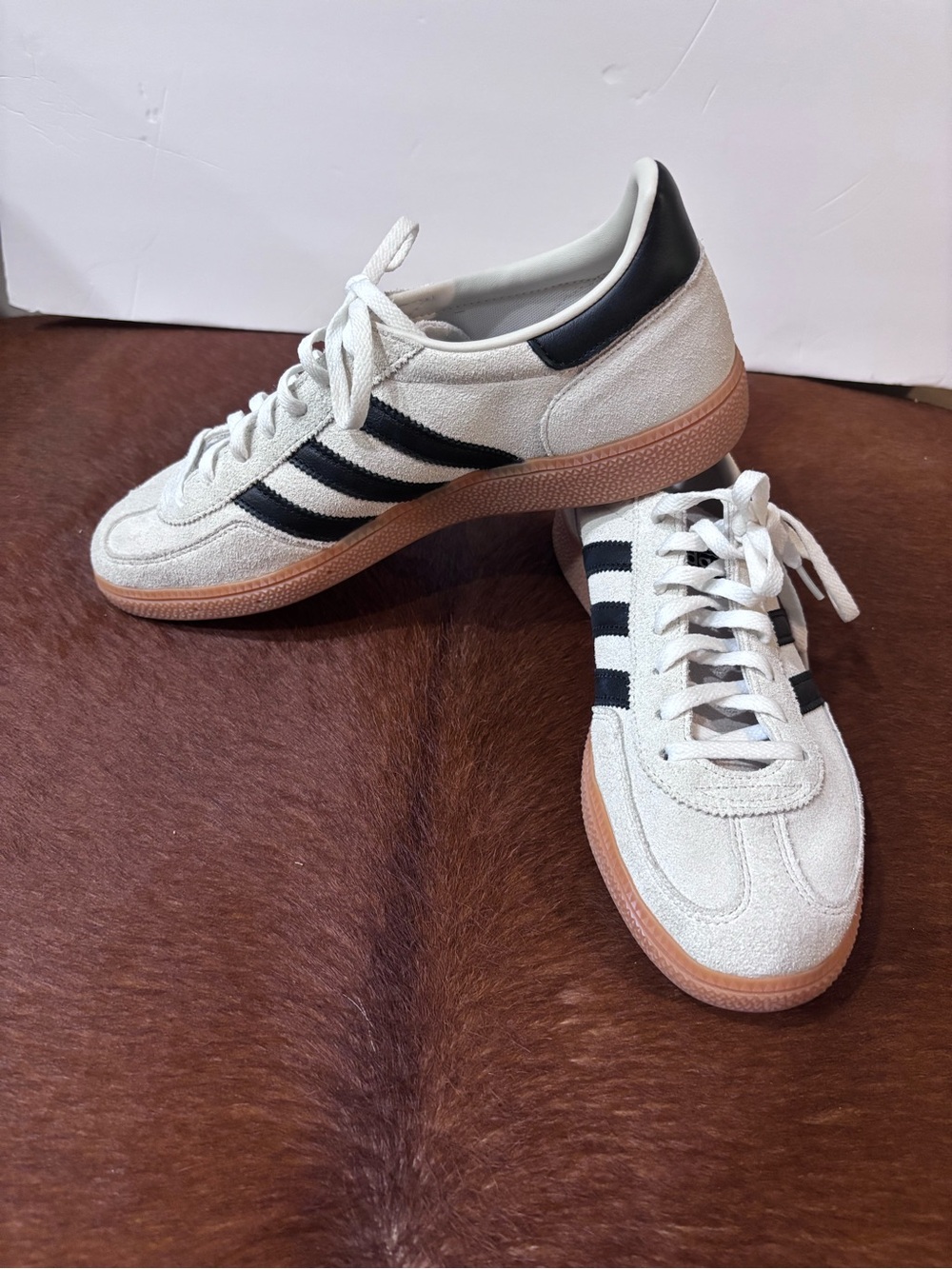 adidas White Suede Sneakers with Black Stripes and Gum Sole